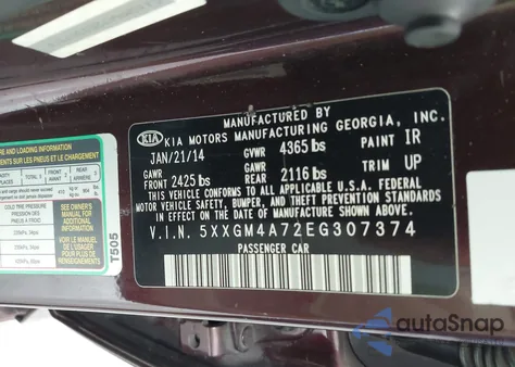 2014 Kia Optima Lx z USA, uszkodzony, nr VIN 5XXGM4A72EG307374